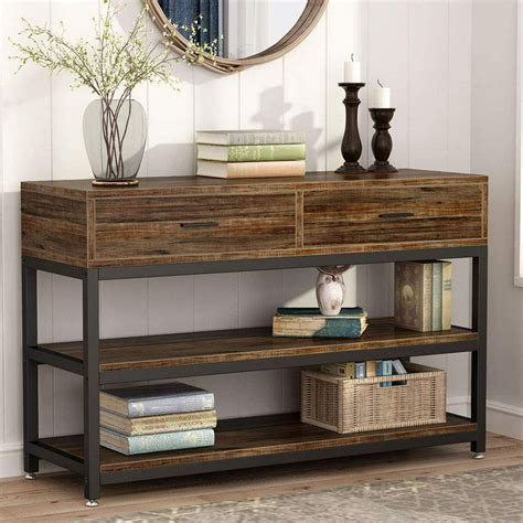 Tribesigns Industrial TV Stand Rustic Console Sofa Table with Drawers,2 Shelf Hallway Entryway ...