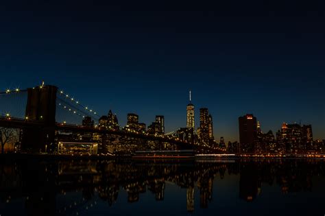 Download Brooklyn Bridge Skyscraper Building Reflection Night USA City Bridge Man Made New York ...