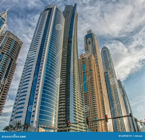 Dubai Marina Skyscrapers stock image. Image of lighting - 64958741