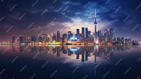 Premium AI Image | a futuristic city skyline with a reflection in the water.