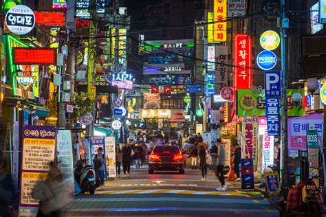 Seoul Crowded Streets Of Sinchon Nightlife Neon Signs South Korea Stock ...