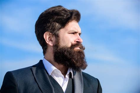 Epic Beard Growing Guide. Man Bearded Hipster Wear Formal Suit Blue Sky Background. Vintage ...