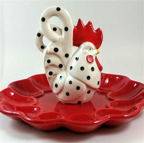 Vintage Ceramic Deviled Egg Plate with Chicken Retro Red Kitchen | Deviled egg plate, Deviled ...