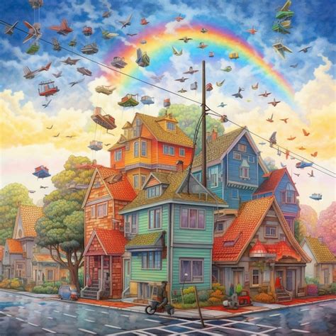 Premium AI Image | a painting of a rainbow with a rainbow in the sky.