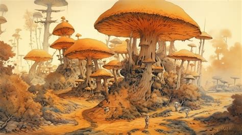 Premium AI Image | A painting of a mushroom forest with a man walking by it.