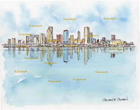 Miami skyline watercolor painting of downtown on Biscayne Bay.