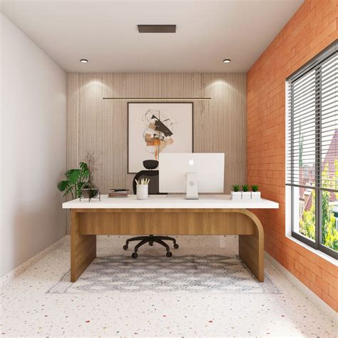 Walnut Bronze Home Office Design With Red Brick Wallpaper - 9x9 Ft | Livspace