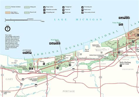 Detailed map of the west portion of Indiana Dunes National Lakeshore In Indiana