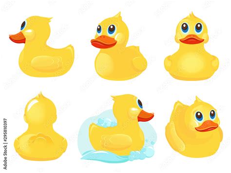 Rubber duck. Bath yellow cute toys water funny games vector duck cartoon illustrations. Rubber ...