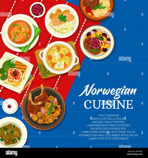 Norwegian cuisine restaurant menu cover with vector dishes of meat, fish, vegetable and fruit ...