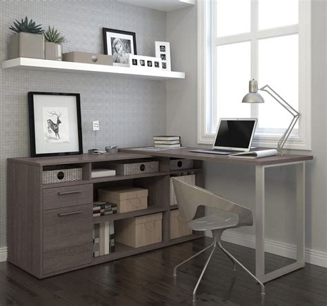 Modern L-shaped Desk with Integrated Storage in Bark Gray | Home office design, Home office ...