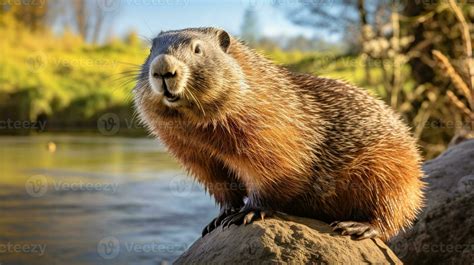 Close-up photo of a Woodchuck looking in their habitat. Generative AI ...