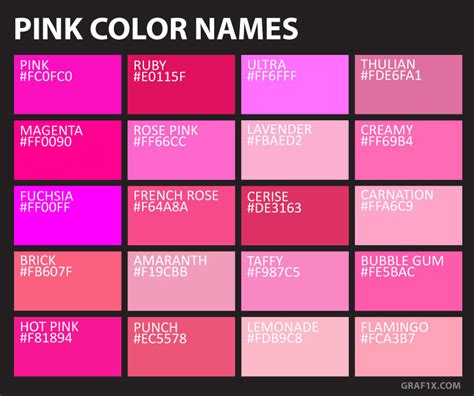 Pink Color Names – graf1x.com | Color palette pink, Color meanings ...