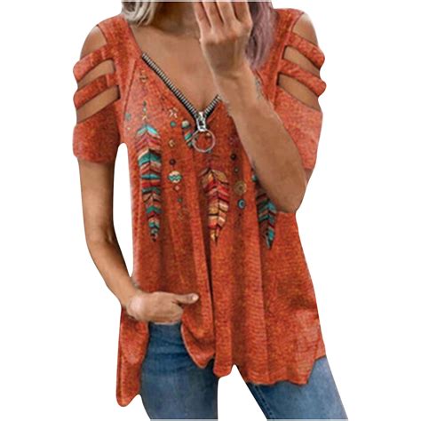 2023 Women's Tops T Shirts V Neck Zip up Short Sleeve Shirts off shoulder Sexy Casual Loose ...