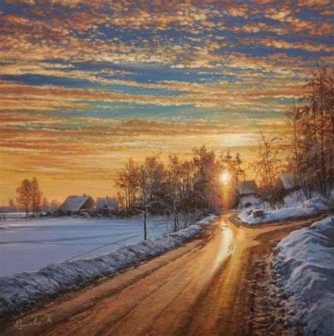 Golden winter sun Painting by Viktar Yushkevich Yuvart