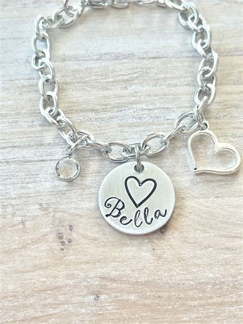 Girls Charm Bracelet Handstamped Bracelet Heart Bracelet Personalized Bracelet Charm Bracelet ...