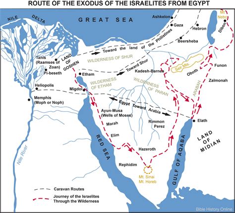 Map of the Route of the Exodus of the Israelites from Egypt - Bible History