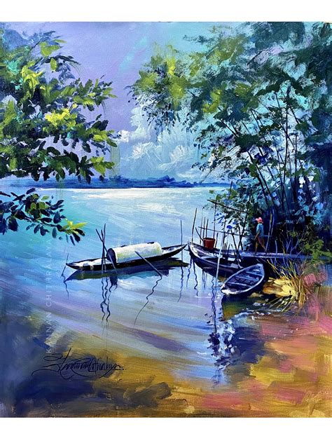 Boat on The Lake | Acrylic Painting | Exotic India Art