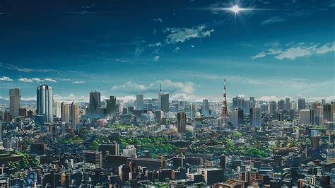 Online crop | HD wallpaper: anime, landscape, urban, sky, clouds, city, Tokyo, Tokyo Tower ...