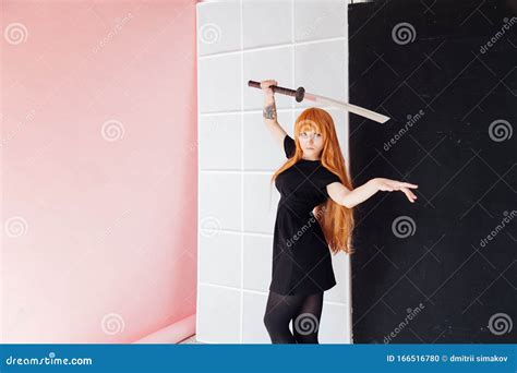 Woman Anime with Red Hair with Japanese Samurai Sword Stock Photo - Image of katana, asia: 166516780