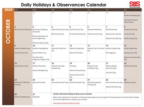 October 2022 Printable Daily Holidays Calendar - S&S Blog