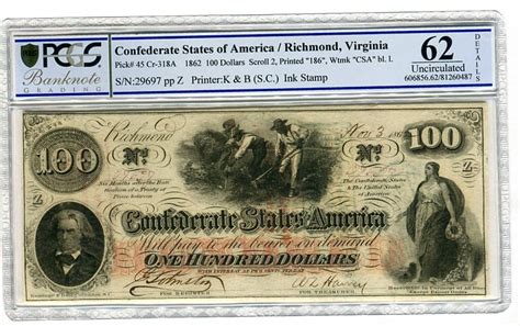 Confederate States of America 100 Dollars Banknote 1862 Vorderseite mit Personenbildern PCGS 62 ...