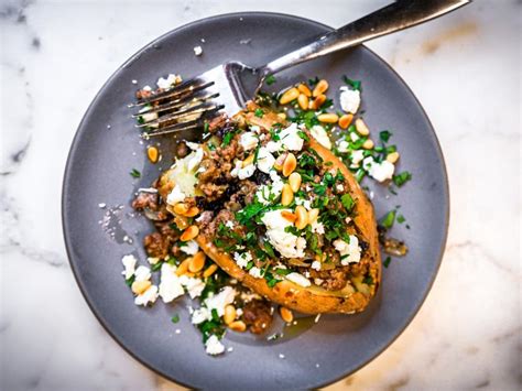 Roasted Sweet Potatoes Topped with Spiced Ground Beef and Pine Nuts Recipe | Elena Besser | Food ...