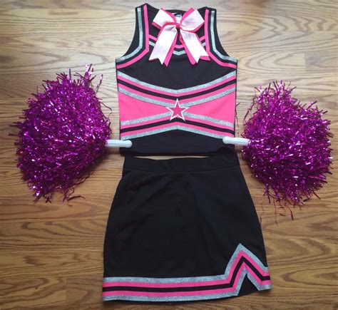 CHEERLEADER HALLOWEEN COSTUME OUTFIT BLACK HOT PINK UNIFORM POM POMS 8-10 GIRLS | eBay