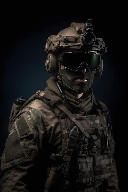 Premium AI Image | A soldier in camouflage with goggles and a helmet.