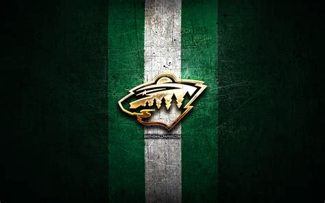 Download wallpapers Minnesota Wild, golden logo, NHL, green metal ...