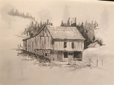 Sketch done from Landscape Drawing in Pencil book Landscape Pencil Drawings, Old Barns, Gouache ...