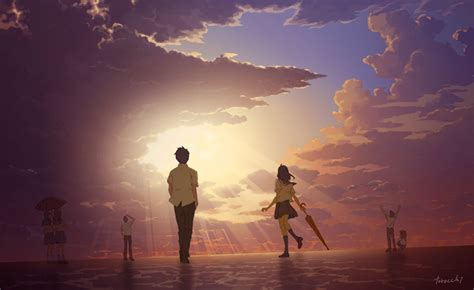 Download Umbrella Sky Cloud Sunrise Anime Original Wallpaper by とろっち