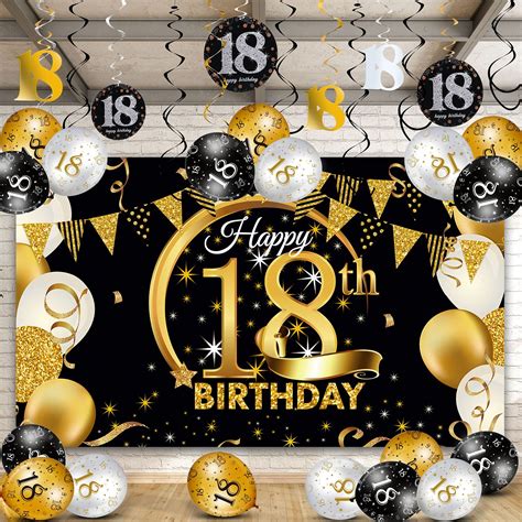 Buy Happy 18th Birthday Party Decorations Kit, Black Gold Glittery Happy 18th Birthday Backdrop ...