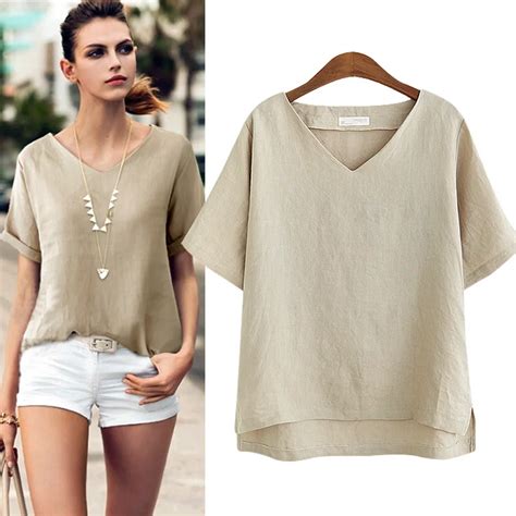 100% Cotton Linen T shirts For Women 2017 Brief Casual T shirt Female Large Size V neck Short ...