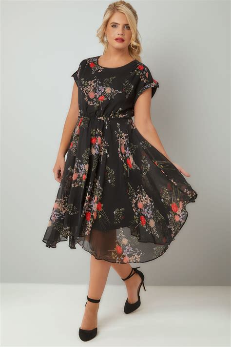 Black & Multi Vintage Floral Print Chiffon Dress With Hanky Hem, Plus size 16 to 36