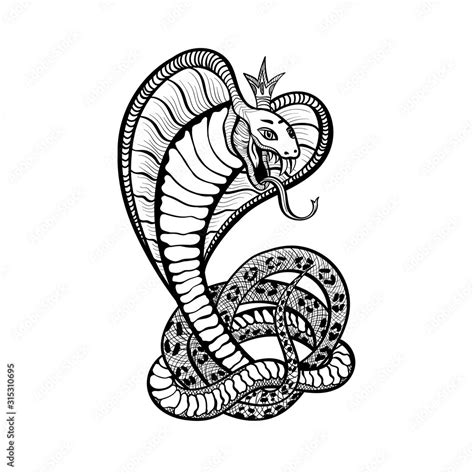 Snake tattoo art design, vector cobra viper in royal crown with tongue ...