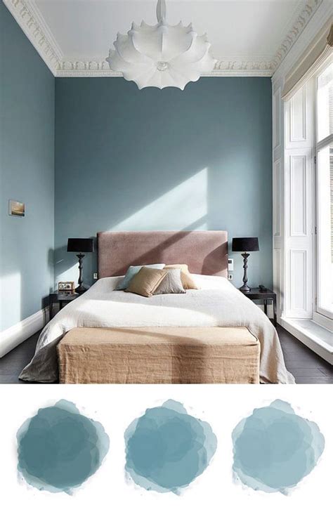 blue gray, pastel blue wall, bedroom paint color inspiration, velvet pink headboard # ...