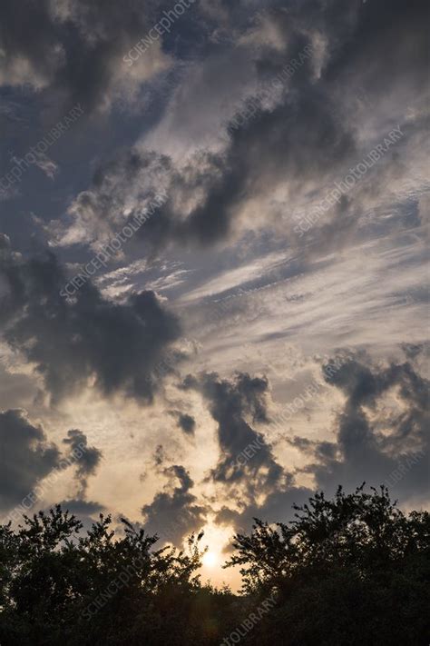 Altocumulus floccus clouds at sunset - Stock Image - C040/0904 - Science Photo Library