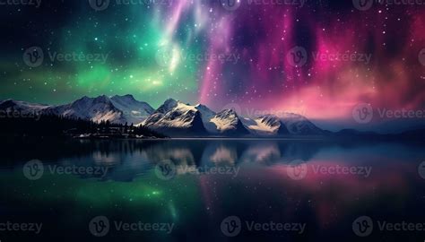 Aurora borealis lake snowy trees mountains. Created with Generative AI 29917602 Stock Photo at ...