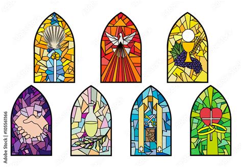 Symbols of the seven sacraments of the Catholic Church on stained glass church windows Stock ...