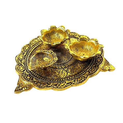 Buy KSJONE Golden Colour Puja Aarti Plate Deepawali Decorations Indian Dhanteras Pooja Thali for ...