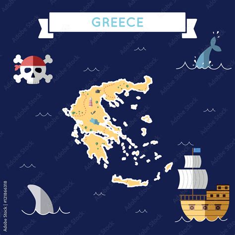 Flat treasure map of Greece. Colorful cartoon with icons of ship, jolly ...