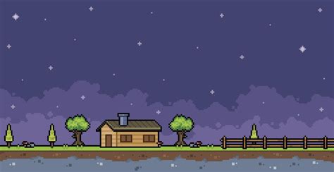 Pixel art farm landscape at night with house, fence and tree 8 bit game background 11484143 ...