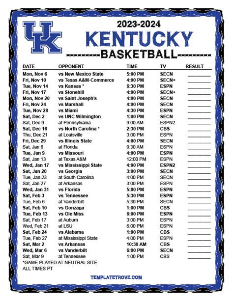 Printable 2023-2024 Kentucky Wildcats Basketball Schedule