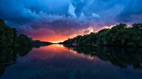 Wallpaper Green Trees Beside Body of Water Under Blue Sky and White ...