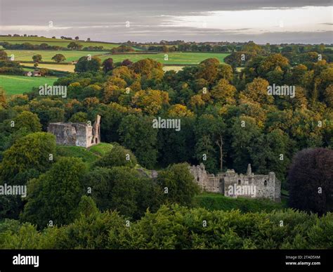 The ruins of Okehampton Castle surrounded by deciduous woodland, Devon, England. Summer (August ...