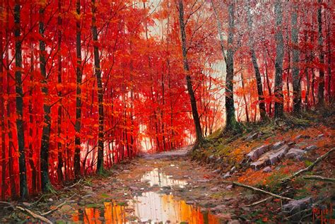 Miguel Peidro - Contemporary Detailed Red Landscape Painting 'Blaze' by ...