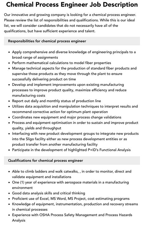 Chemical Process Engineer Job Description | Velvet Jobs