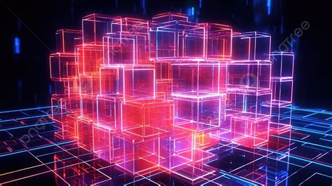 3d Neon Light Blocks Futuristic Digital Network Flying Into Technological Animation Background ...