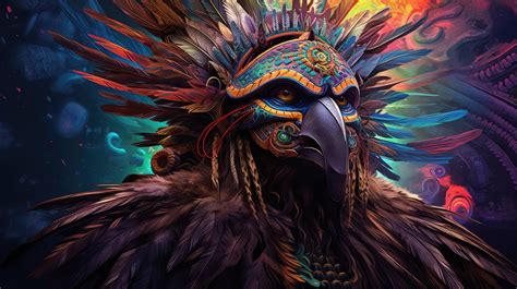 An Aztec eagle warrior fixes a cold stare, vibrant feathers fanning his battle-ready frame